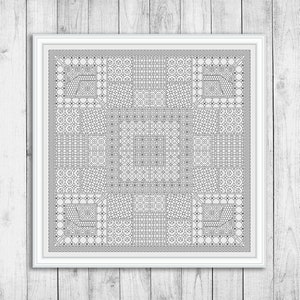 May include: A black and white geometric pattern with a square frame. The pattern is made up of repeating shapes and lines.