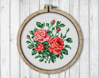 Vintage Roses # 1 Cross Stitch Pattern, Garden Roses Cross Stitch