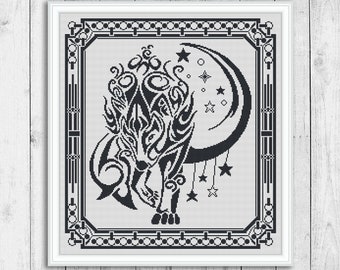 Wolf Cross Stitch Pattern, Animal Cross Stitch Pattern, Fantasy Cross Stitch, Moon Wolf, Modern Cross Stitch Pattern, Instant Download PDF