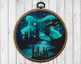 Northern Lights Cross Stitch Pattern, Nature Cross Stitch Pattern, Modern Cross Stitch Pattern, Landscape, Tree, Starry Sky, River, Aurora