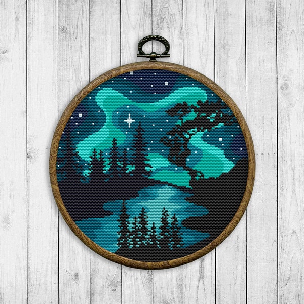 Northern Lights Cross Stitch Pattern, Nature Cross Stitch Pattern, Modern Cross Stitch Pattern, Landscape, Tree, Starry Sky, River, Aurora