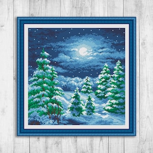 Nature Cross Stitch Pattern, Winter Landscape Cross Stitch Pattern, Modern Cross Stitch, Moon, Christmas, Holidays, Starry Sky, 4 Seasons