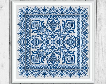 Sampler Cross Stitch Pattern, Carpet Counted Cross Stitch Pattern, Square Embroidery Sampler, Pillow, Monochrome, Instant Download PDF