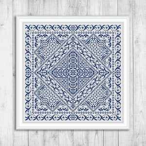 Patrón de punto de cruz de muestrario, gráfico de punto de cruz contado de alfombra, muestrario de bordado de adorno cuadrado, almohada monocromática, descarga instantánea en PDF
