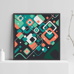 Pode incluir: Impress&atilde;o de arte geom&eacute;trica abstrata com fundo preto e formas coloridas em tons de turquesa, verde, branco e coral.