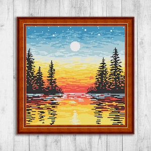Nature Cross Stitch Pattern, Modern Cross Stitch Pattern, Sunset Cross Stitch Pattern, Landscape Cross Stitch Pattern, Tree, Moon, River