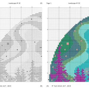 May include: A cross-stitch pattern for a landscape scene. The pattern is divided into two sections, one showing the pattern in black and white and the other showing the pattern in color. The color section shows a teal, green, and purple landscape with red flowers.