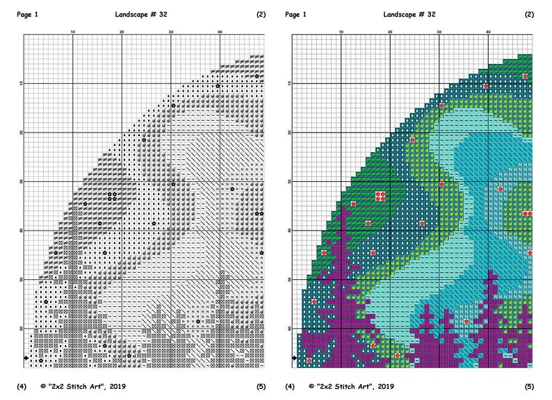May include: A cross-stitch pattern for a landscape scene. The pattern is divided into two sections, one showing the pattern in black and white and the other showing the pattern in color. The color section shows a teal, green, and purple landscape with red flowers.