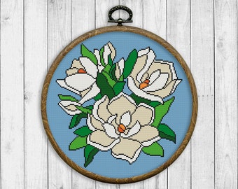 Flowers Cross Stitch Pattern, Nature Cross Stitch Pattern, Magnolia Modern Cross Stitch Patterns, Floral Embroidery, Instant Download PDF