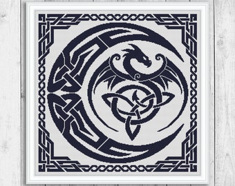 Patrón de punto de cruz de dragón, patrón de punto de cruz de muestra, punto de cruz celta, luna, punto de cruz moderno, monocromo, descarga instantánea en PDF