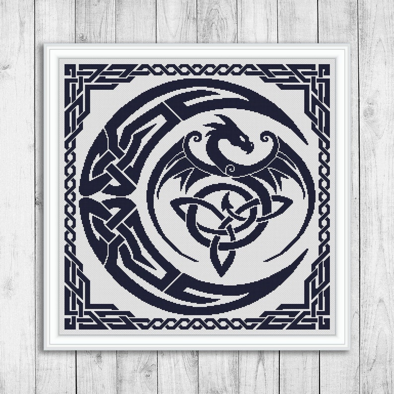 Dragon Cross Stitch Pattern, Sampler Cross Stitch Pattern, Celtic Cross Stitch, Moon, Modern Cross Stitch, Monochrome, Instant Download PDF image 1