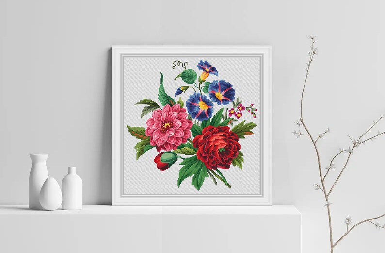 Flower Bouquet 4 Modern Cross Stitch Pattern PDF, Nature Cross Stitch Pattern, Embroidery Flower Peony, Morning Glory Cross Stitch Chart image 5