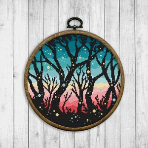 Nature Cross Stitch Pattern, Sunset Cross Stitch Pattern, Landscape, Fireflies, Trees, Modern Cross Stitch Patterns, Instant Download PDF