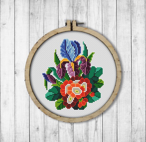 Vintage Flowers # 4 Cross Stitch Pattern, Iris Cross Stitch