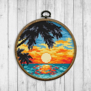 Landscape Cross Stitch Pattern, Nature Counted Cross Stitch Chart, Sunset, Beach, Sea, Sky, Trees, Modern Embroidery, Instant Download PDF