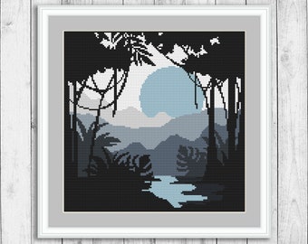 Landscape Modern Cross Stitch Pattern, Nature Cross Stitch Chart, Mountain, Forest, River, Trees, Monochrome Landscape, Instant Download PDF