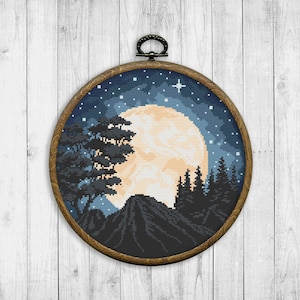 Landschaft Modernes Kreuzstichmuster, Natur Kreuzstichmuster, Berg, Wald, Mond, Sternenhimmel Landschaft, Instant Download PDF