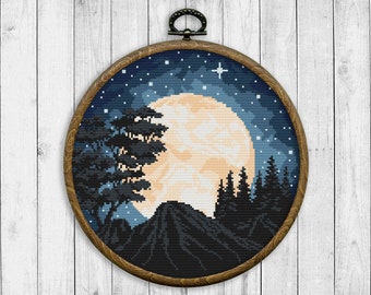 Landscape Modern Cross Stitch Pattern, Nature Counted Cross Stitch Chart, Mountain, Forest, Moon, Starry Sky Landscape, Instant Download PDF