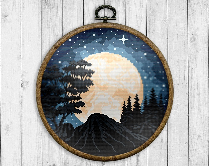 Starry Night Sky Modern Cross Stitch Pattern PDF, Mountain Landscape ...