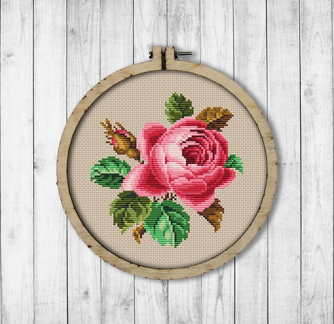 Cross-stitch Embroidery, Vintage Styled Floral Frame with Pink Roses and  Leafs. Stock Vector - Illustration of ornate, retro: 70694334