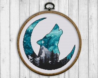 Nature Cross Stitch Pattern, Landscape Counted Cross Stitch Chart, Wolf Silhouette, Moon, Starry Sky Animal, Modern, Instant Download PDF