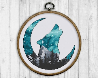 Nature Cross Stitch Pattern, Landscape Counted Cross Stitch Chart, Wolf Silhouette, Moon, Starry Sky Animal, Modern, Instant Download PDF