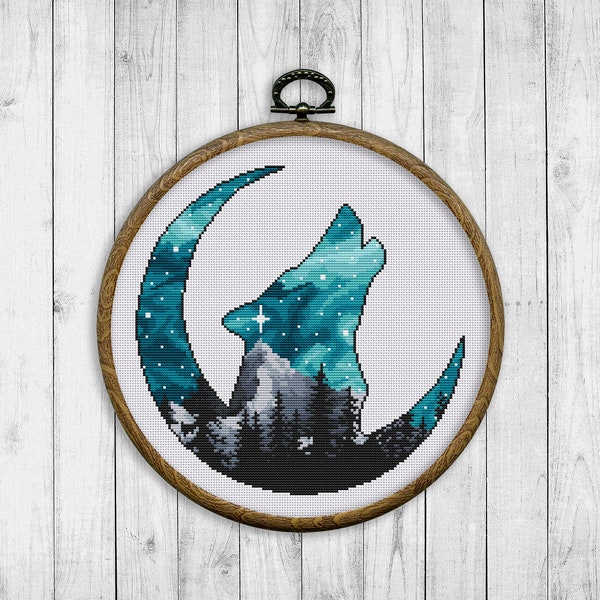 Nature Cross Stitch Pattern, Landscape Counted Cross Stitch Chart, Wolf Silhouette, Moon, Starry Sky Animal, Modern, Instant Download PDF