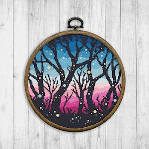 Nature Cross Stitch Pattern, Sunset Cross Stitch Pattern, Landscape, Fireflies, Forest, Modern Cross Stitch Patterns, Instant Download PDF