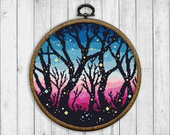 Nature Cross Stitch Pattern, Sunset Cross Stitch Pattern, Landscape, Fireflies, Forest, Modern Cross Stitch Patterns, Instant Download PDF