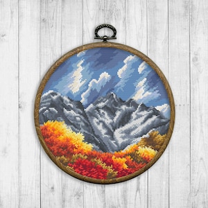 Autumn Landscape Cross Stitch Pattern, Nature Counted Cross Stitch Chart, Mountain, Autumn Forest, Trees, Sky, Modern, Digital Format - PDF