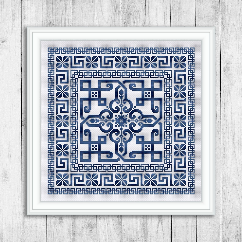 May include: A blue and white cross stitch pattern with a geometric design in a white frame.