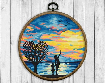 Nature Cross Stitch Pattern, Landscape Cross Stitch Pattern, Sunset Cross Stitch, Mother, Baby, Seascape, Heart, Love,Instant Download PDF