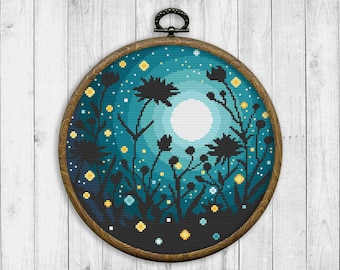 Flowers Cross Stitch Pattern, Nature Counted Cross Stitch Chart, Floral, Fireflies, Starry Sky, Plants, Galaxy, Modern, Instant Download PDF