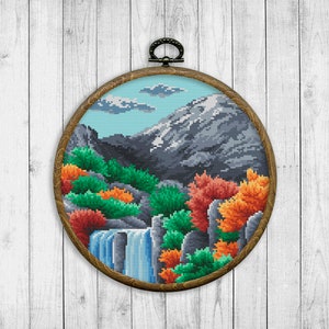 Nature Cross Stitch Pattern, Landscape Counted Cross Stitch Chart, Mountain, Forest, River, Trees, Waterfall, Modern, Instant Download PDF