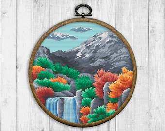 Nature Cross Stitch Pattern, Landscape Counted Cross Stitch Chart, Mountain, Forest, River, Trees, Waterfall, Modern, Instant Download PDF