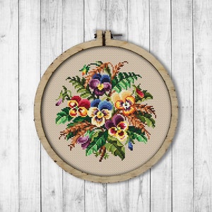 Vintage Bouquet Pansy # 2 Cross Stitch Pattern, Spring Flowers X Stitch Pattern, Flower, Pansy, Berlin Woolwork, Modern Embroidery Flowers