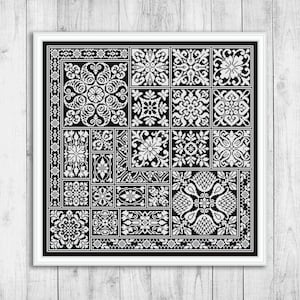 May include: Black and white cross stitch pattern featuring a range of geometric and floral designs. The pattern is framed in a white frame.