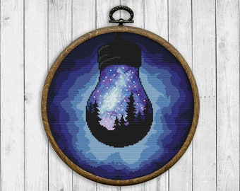 Cross Stitch Pattern Landscape, Nature Counted Cross Stitch Chart, Mountain, Tree, Night Starry Sky, Light Bulb, Instant Download PDF