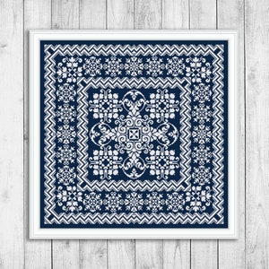 Sampler Cross Stitch Pattern, Carpet Cross Stitch Pattern, Monochrome Folk Ornament, Modern Embroidery Sampler, Pillow, Instant Download PDF
