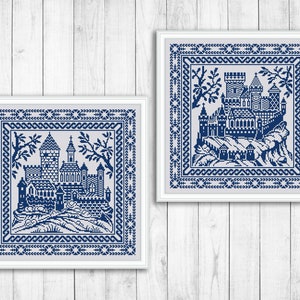 Sampler Cross Stitch Pattern, Carpet Counted Cross Stitch Chart, Ornament Castle, Embroidery Sampler, Pillow Monochrome Instant Download PDF