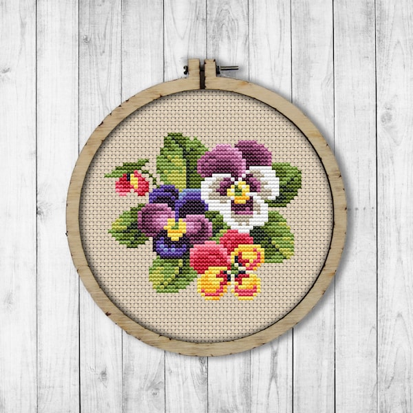 Pansies Cross Stitch Pattern, Pansy Cross Stitch Pattern, Spring Flowers Cross Stitch Pattern, Embroidery Pansies, Modern Embroidery Flowers