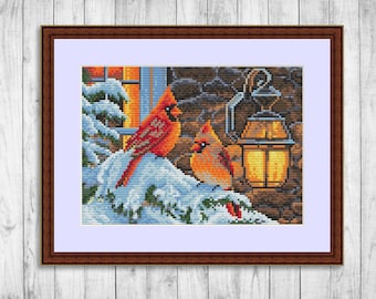 Cardinal Modern Cross Stitch Pattern, Nature Counted Cross Stitch Chart, Snow, Winter Birds, Red Cardinal, Christmas, Instant Download PDF