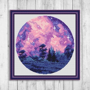Nature Cross Stitch Pattern, Modern Cross Stitch Pattern, Landscape Cross Stitch Patterns, Northern Lights Cross Stitch, Galaxy, Starry Sky image 10