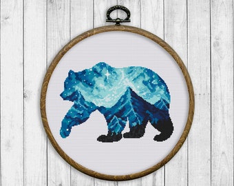 Bear Cross Stitch Pattern, Nature Cross Stitch Chart, Landscape, Animal, Mountain, Starry Sky, Modern, Bear Silhouette, Instant Download PDF