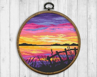 Nature Cross Stitch Pattern, Landscape Counted Cross Stitch Chart, Sunset Cross Stitch, Seascape, Embroidery Nature, Instant Download PDF