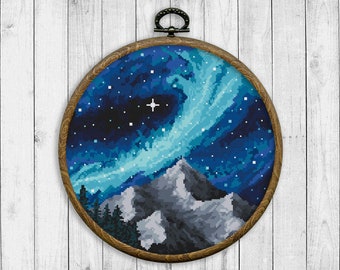 Landscape Modern Cross Stitch Pattern, Nature Cross Stitch Chart, Mountain, Forest, Starry Sky, Tree, Night Landscape, Instant Download PDF