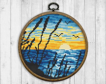 Nature Cross Stitch Pattern, Landscape Cross Stitch Pattern, Modern Cross Stitch Patterns, Sunset, Seascape, Sunrise, Instant Download PDF