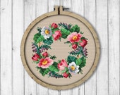 Vintage Wreath 4 Cross Stitch Pattern, Wild Rose Flowers Cross Stitch Pattern, Berlin Woolwork, Modern Embroidery Flowers, Antique Flowers