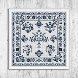 Sampler Cross Stitch Pattern, Flowers Cross Stitch Pattern, Floral, Folk Style Embroidery Sampler, Carpet, Monochrome, Instant Download PDF
