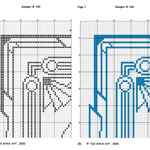 May include: A black and white pixel art design of a geometric pattern with a flower in the center. The design is on a grid with numbers along the top and side. The text "2x2 Stitch Art", 2020 is at the bottom of the image.